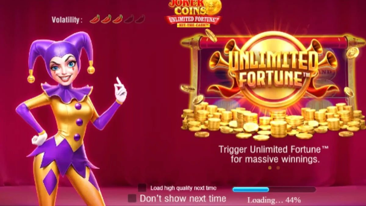 Joker Coins Unlimited Fortune slot machine interface na may makulay na neon fruit symbols at gintong barya.